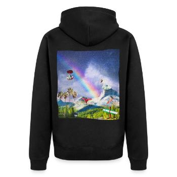 Surf Mountain Collage für Surfer und Bergliebhaber - Unisex Premium Bio Zip Hoodie - Schwarz - Hinten - Nico (187cm)