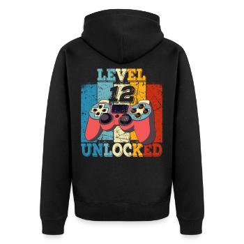 Kinder Level 12 Unlocked Geburtstagsshirt Gamer - Unisex Premium Bio Zip Hoodie - Schwarz - Hinten - Nico (187cm)