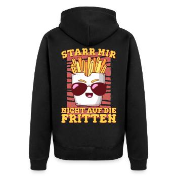 Pommes Frites | Starr mir nicht auf die Fritten | - Unisex Premium Bio Zip Hoodie - Schwarz - Hinten - Nico (187cm)