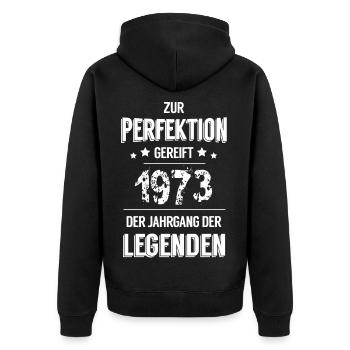 Legenden 1973 - Unisex Premium Bio Zip Hoodie - Schwarz - Hinten - Nico (187cm)