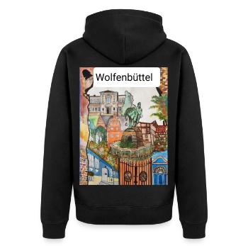 EG Wolfenbüttel I Stadt I Aquarell Gerecke - Unisex Premium Bio Zip Hoodie - Schwarz - Hinten - Nico (187cm)