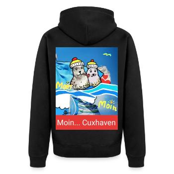 EG Cuxhaven I Stadt I Foto Zeichnung Gerecke - Unisex Premium Bio Zip Hoodie - Schwarz - Hinten - Nico (187cm)