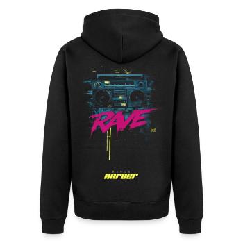 RAVE DAnce harder - Unisex Premium Bio Zip Hoodie - Schwarz - Hinten - Nico (187cm)