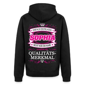 Qualitätsmerkmal Sophia einfach Erstklassig - Unisex Premium Bio Zip Hoodie - Schwarz - Hinten - Nico (187cm)