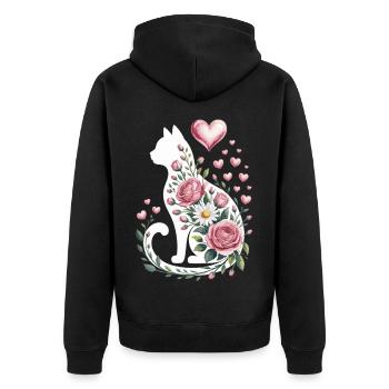 Blumenkatze Silhouette Rosen Herzen - Unisex Premium Bio Zip Hoodie - Schwarz - Hinten - Nico (187cm)