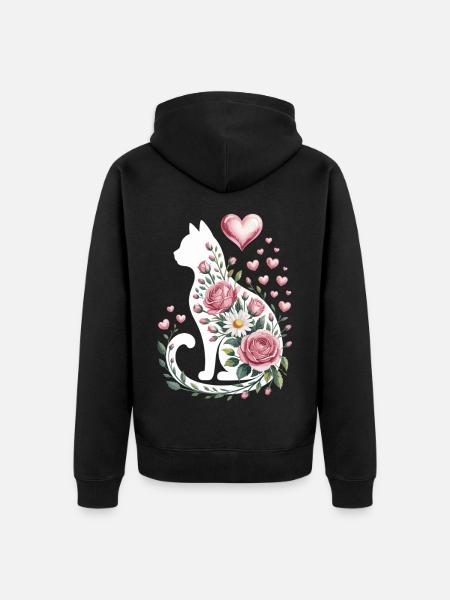 Fleur Chat Silhouette Roses Coeurs - Veste à capuche bio Premium Unisexe - noir