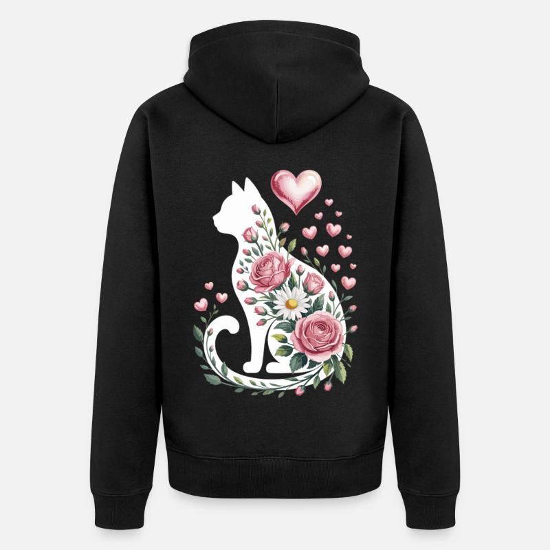 Fleur Chat Silhouette Roses Coeurs - Veste à capuche bio Premium Unisexe - noir
