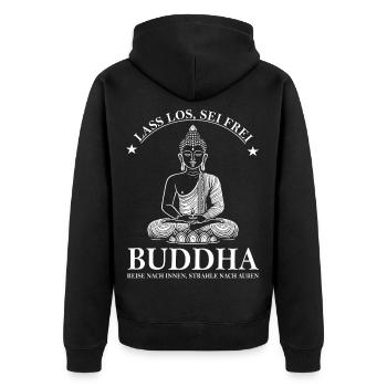 Buddha – Lass los, sei frei Design - Unisex Premium Bio Zip Hoodie - Schwarz - Hinten - Nico (187cm)