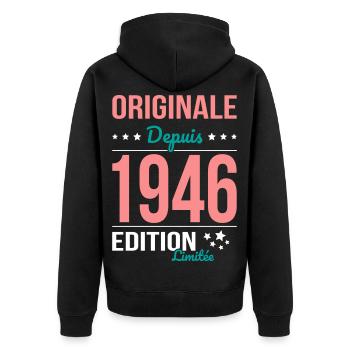 Original seit 1946 – 80-jähriges Jubiläum - Unisex Premium Bio Zip Hoodie - Schwarz - Hinten - Nico (187cm)