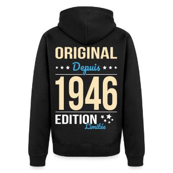 Original seit 1946 – 80-jähriges Jubiläum - Unisex Premium Bio Zip Hoodie - Schwarz - Hinten - Nico (187cm)