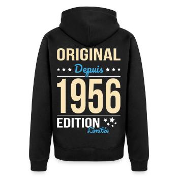 Original seit 1956 – 70-jähriges Jubiläum - Unisex Premium Bio Zip Hoodie - Schwarz - Hinten - Nico (187cm)