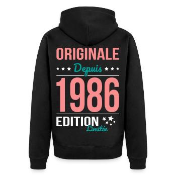 Original seit 1986 – 40-jähriges Jubiläum - Unisex Premium Bio Zip Hoodie - Schwarz - Hinten - Nico (187cm)