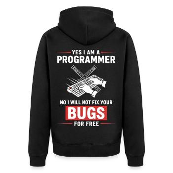 Humor Fixed Programmer No Bugs - Unisex Premium Organic Zip Hoodie - black - Back - Nico (187cm)