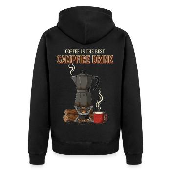 Camping Café Humor Zitat Kaffee Lagerfeuergetränk - Unisex Premium Bio Zip Hoodie - Schwarz - Hinten - Nico (187cm)