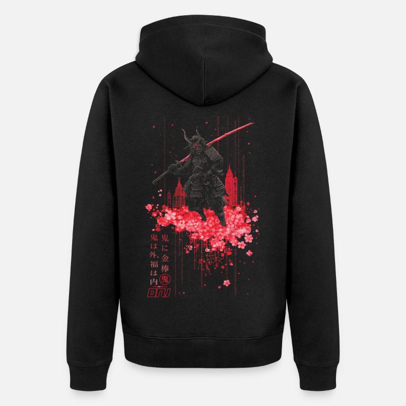 Oni - samurai mit Sakura Kirschblüten - Unisex Premium Bio Zip Hoodie - Schwarz