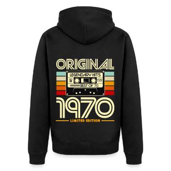 Originale limitierte Kassette von 1970 - Unisex Premium Bio Zip Hoodie - Schwarz - Hinten - Nico (187cm)