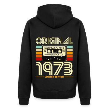 Originale Retro-Kassette von 1973 - Unisex Premium Bio Zip Hoodie - Schwarz - Hinten - Nico (187cm)