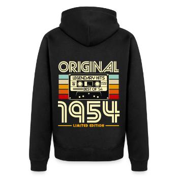 Originalkassette von 1954 Retro - Unisex Premium Bio Zip Hoodie - Schwarz - Hinten - Nico (187cm)