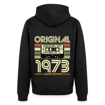 Originale Retro-Kassette von 1973 - Unisex Premium Bio Zip Hoodie - Schwarz - Hinten - Nico (187cm)