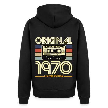 Originale limitierte Kassette von 1970 - Unisex Premium Bio Zip Hoodie - Schwarz - Hinten - Nico (187cm)