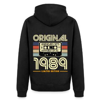 Originale Retro-Kassette von 1989 - Unisex Premium Bio Zip Hoodie - Schwarz - Hinten - Nico (187cm)