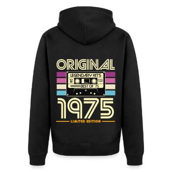 Limitierte Retro-Kassette von 1975 - Unisex Premium Bio Zip Hoodie - Schwarz - Hinten - Nico (187cm)