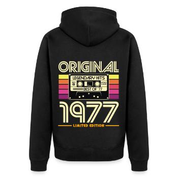 Originale Retro-Kassette von 1977 - Unisex Premium Bio Zip Hoodie - Schwarz - Hinten - Nico (187cm)