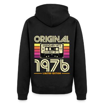 Originale limitierte Retro-Kassette von 1976 - Unisex Premium Bio Zip Hoodie - Schwarz - Hinten - Nico (187cm)