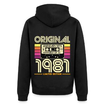 Original 1981: Retro Hits Kassette - Unisex Premium Bio Zip Hoodie - Schwarz - Hinten - Nico (187cm)