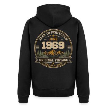 Vintage Juni 1969 – Original Perfection Juni 1969 - Unisex Premium Bio Zip Hoodie - Schwarz - Hinten - Nico (187cm)