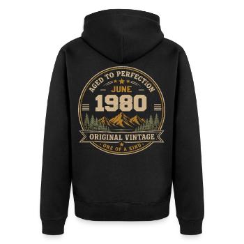 Vintage Juni 1980 – Original Perfection Juni 1980 - Unisex Premium Bio Zip Hoodie - Schwarz - Hinten - Nico (187cm)
