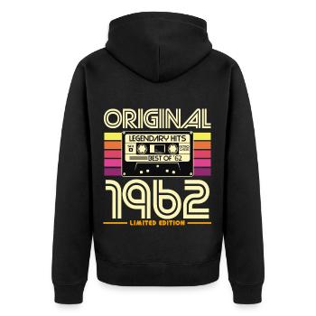 Original-Kassetten-Retro von 1962 - Unisex Premium Bio Zip Hoodie - Schwarz - Hinten - Nico (187cm)