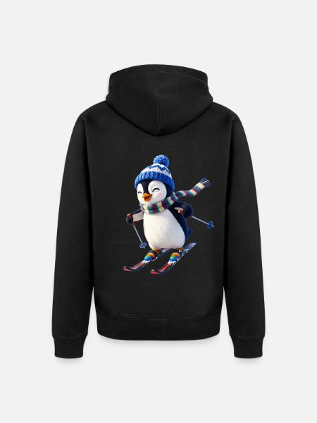 Skipinguin mit Wintermütze - Unisex Premium Bio Zip Hoodie - Schwarz