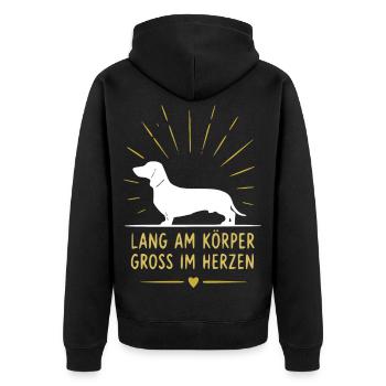Lang am Körper, Groß im Herzen - Unisex Premium Bio Zip Hoodie - Schwarz - Hinten - Nico (187cm)