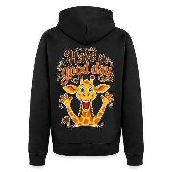 Happy Giraffe mit dem Text "Hab einen schönen Tag" - Unisex Premium Bio Zip Hoodie - Schwarz - Hinten - Nico (187cm)