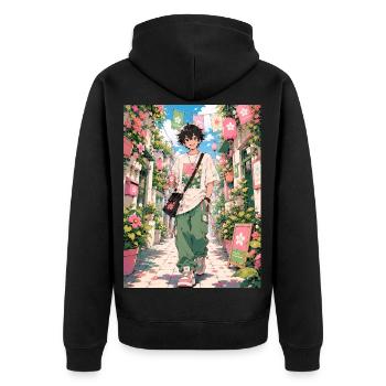Frühlingsspaziergang durch die Blumengasse - Unisex Premium Bio Zip Hoodie - Schwarz - Hinten - Nico (187cm)