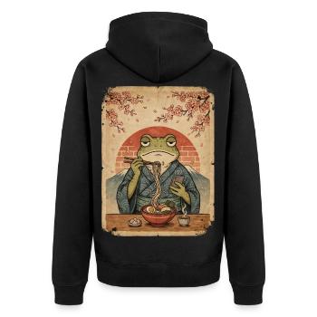 Frosch im Yukata-Ramen-Ukiyoe-Abend - Unisex Premium Bio Zip Hoodie - Schwarz - Hinten - Nico (187cm)