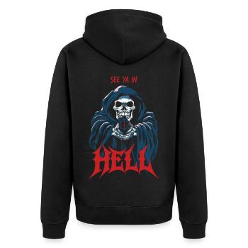 See ya in hell - Unisex Premium Bio Zip Hoodie - Schwarz - Hinten - Nico (187cm)