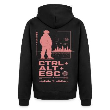 Cyberpunk Skyline CTRL ALT ESC - Unisex Premium Bio Zip Hoodie - Schwarz - Hinten - Nico (187cm)