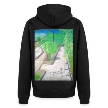 Sorrecalt-Gasse - Unisex Premium Bio Zip Hoodie - Schwarz - Hinten - Nico (187cm)