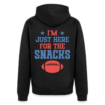Ich bin nur wegen der Snacks hier - Unisex Premium Bio Zip Hoodie - Schwarz - Hinten - Nico (187cm)