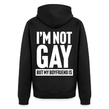 Ich bin nicht schwul, aber mein Freund ist es - Unisex Premium Bio Zip Hoodie - Schwarz - Hinten - Nico (187cm)