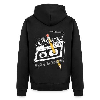 Design Funny Generation 70 80, Audiokassette - Unisex Premium Bio Zip Hoodie - Schwarz - Hinten - Nico (187cm)