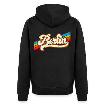 Berlin - Retro Sticker - Deutschalnd - Germany - Unisex Premium Bio Zip Hoodie - Schwarz - Hinten - Nico (187cm)