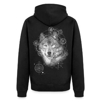 WOLF MYSTISCH NATUR GEIST SPIRITUALITÄT NATUR - Unisex Premium Bio Zip Hoodie - Schwarz - Hinten - Nico (187cm)