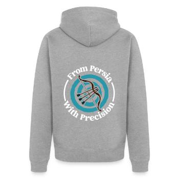 Persische Präzision - persischer Bogen - Unisex Premium Bio Zip Hoodie - Grau meliert - Hinten - Nico (187cm)