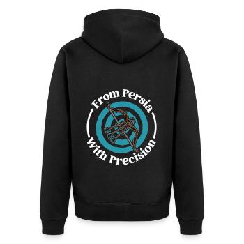 Persische Präzision - persischer Bogen - Unisex Premium Bio Zip Hoodie - Schwarz - Hinten - Nico (187cm)