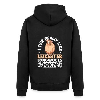 Ich liebe mein Leicester-Langwollschaf - Unisex Premium Bio Zip Hoodie - Schwarz - Hinten - Nico (187cm)