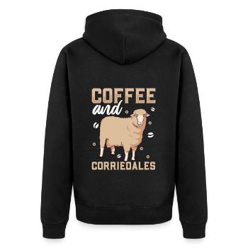 Kaffee und Corriedale Hausschaf - Unisex Premium Bio Zip Hoodie - Schwarz - Hinten - Nico (187cm)