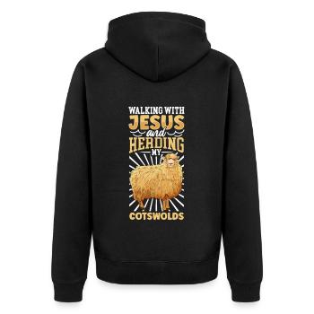 Jesus und Schaf - Cotswold-Schaf - Unisex Premium Bio Zip Hoodie - Schwarz - Hinten - Nico (187cm)